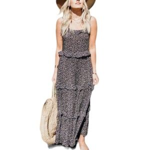 Calista Vineyard Floral Ruffle Tiered Spaghetti Strap Flowy Boho Maxi Dress
